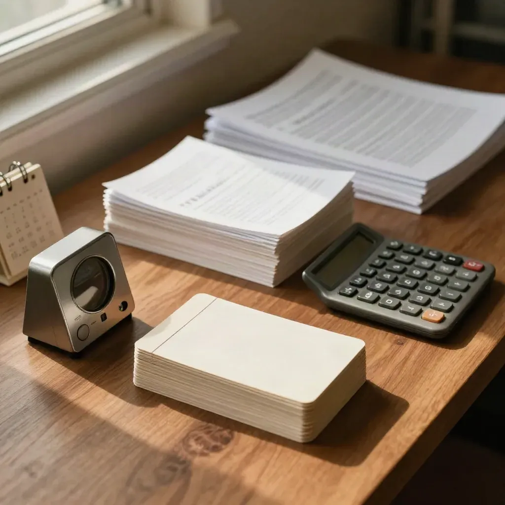 Widok z góry na strefę nauki do testu z timerem, fiszkami, kalkulatorem i stosem powtórek.