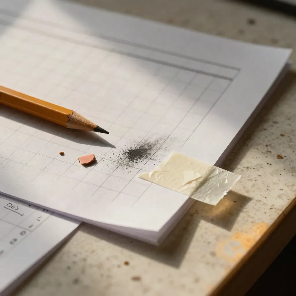 Zbliżenie na skorygowaną kartkę z gumką, poprawkami, pyłem grafitowym i taśmą korekcyjną na jasnym blacie.