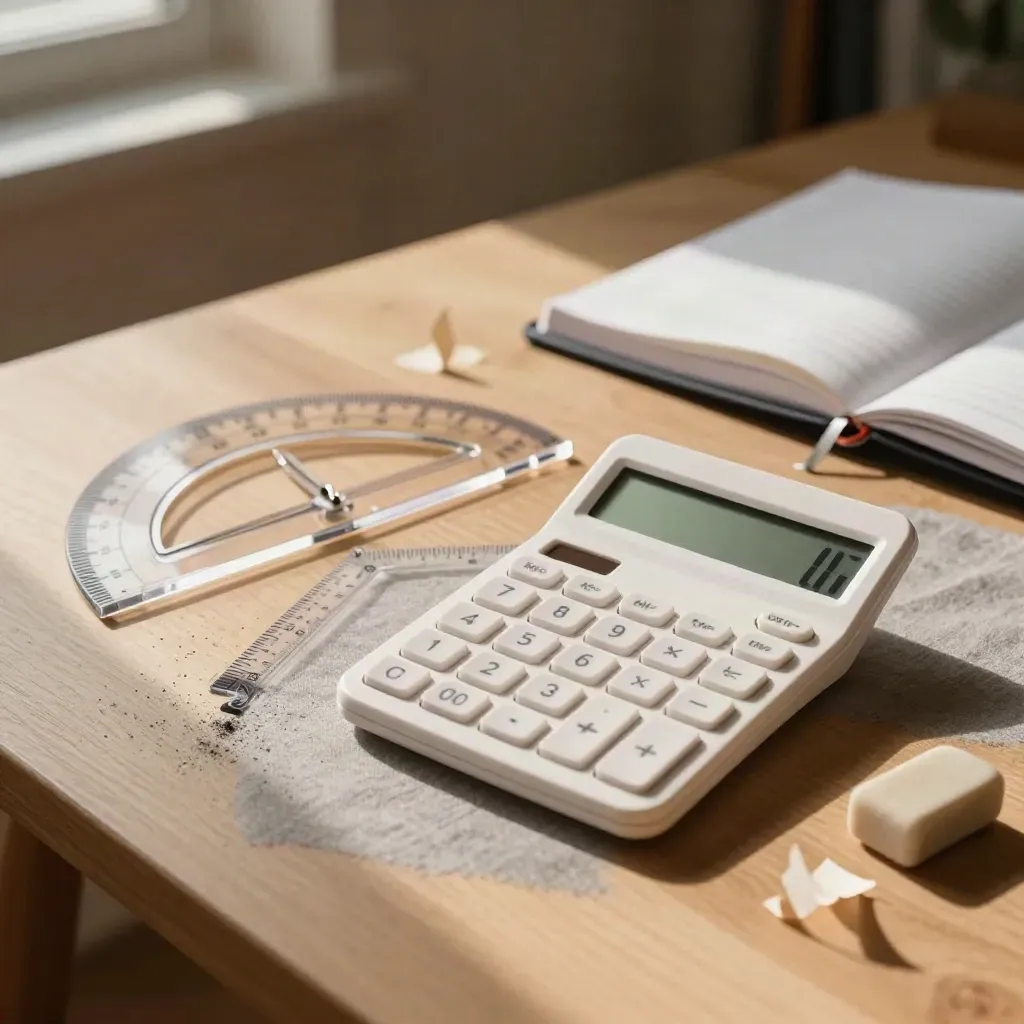 Stół do nauki matematyki z kalkulatorem, przyborami geometrycznymi i spiętymi zeszytami w ciepłym świetle